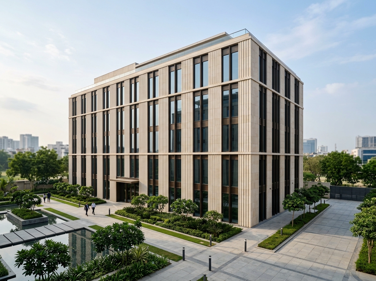 Boutique commercial headquarters on Golf Course Extension Road Gurugram with fluted limestone facade